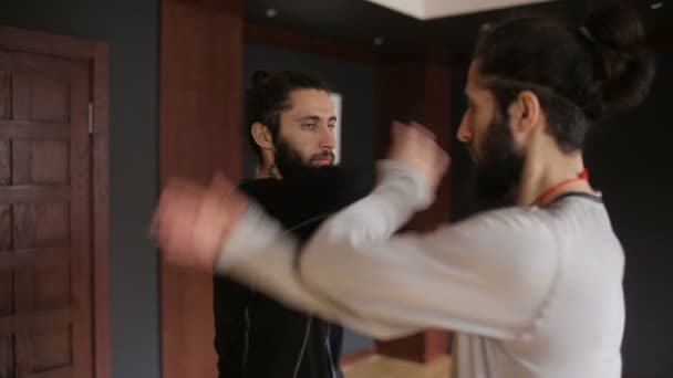 Hermanos gemelos practicando tai chi golpes en la sala de entrenamiento — Vídeos de Stock