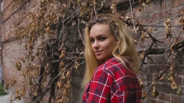 Portrait of a beautiful sexy smiling happy girl with blond hair near the brick wall — Stock Video