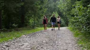 Dağ orman yolu boyunca yürüyüş yürüyüşçü