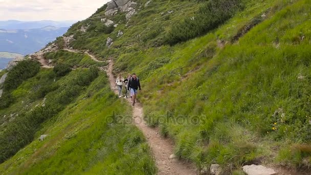 Escursionisti escursioni in un bellissimo paesaggio. Trekking uomo e donna con zaini in montagna — Video Stock