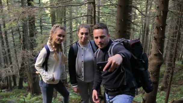 Los viajeros hacen un yo general en un bosque en un camino de montaña — Vídeo de stock