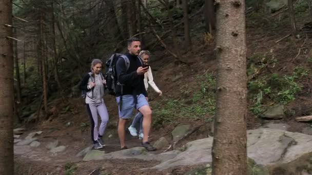 Reizigers een kaart van het gebied in de smartphone gebruiken in het bos — Stockvideo