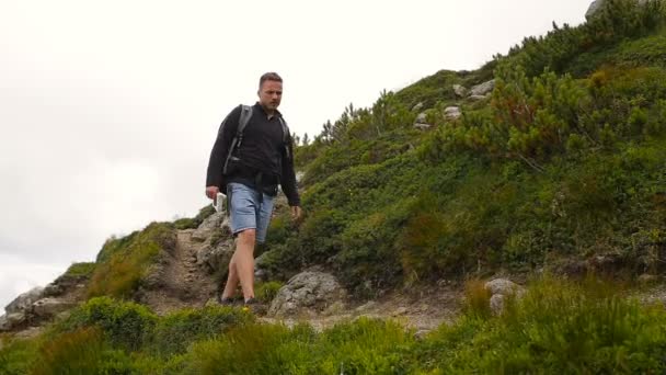 Pěší turistiku v krásné krajině. Muži a ženy pěší chůzi s batohy v horách — Stock video