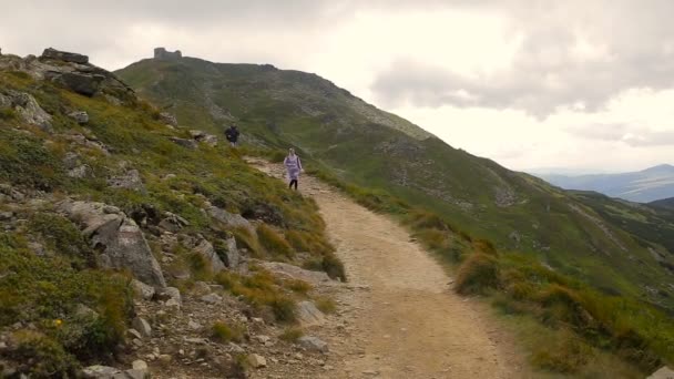 Пешие прогулки по красивому ландшафту. Мужчины и женщины ходят пешком с рюкзаками в горах — стоковое видео