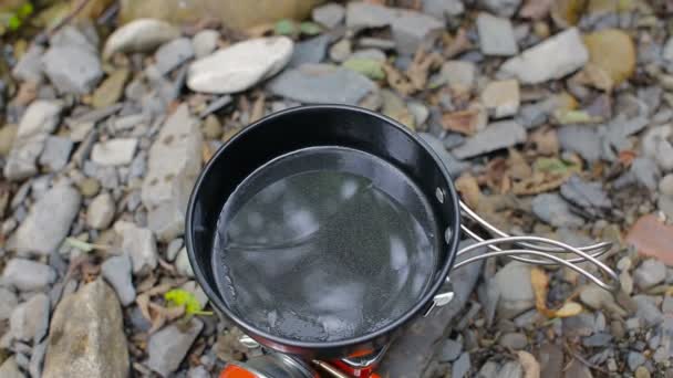 Las manos de los hombres rompen el huevo en una sartén en un camping turístico — Vídeo de stock