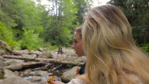 ハイカーはコーヒーを飲むし、川の近くのキャンプでクッキーを食べる — ストック動画