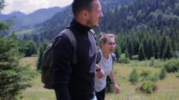 Un couple escalade une chaîne de montagnes, lève les mains pour la joie — Video