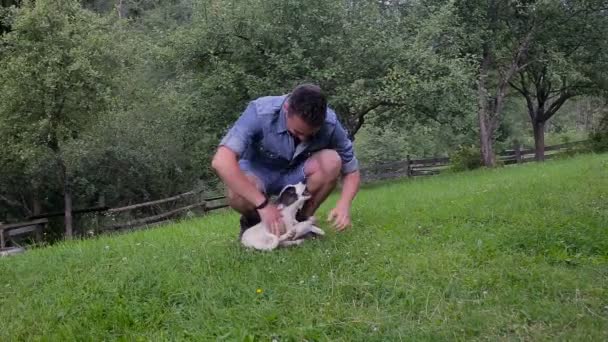 Jovem homem bonito brincando com filhote de cachorro no jardim — Vídeo de Stock