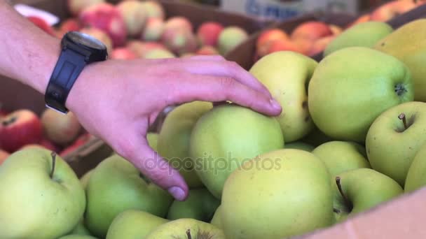 Vue rapprochée de mains de jeunes hommes choisissant les pommes au marché aux fruits — Video