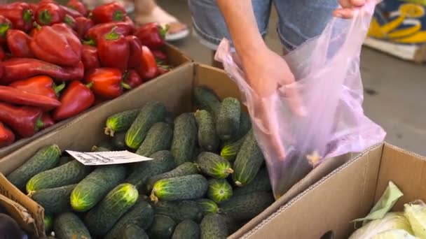 Крупным планом молодой человек покупает огурец на фруктовом рынке — стоковое видео