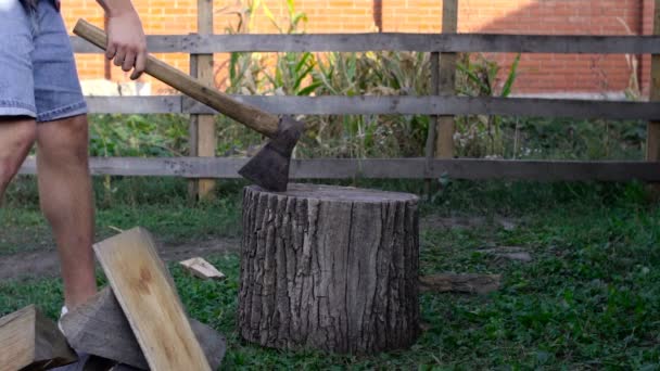 Hombre cortando madera con hacha, lanzamiento en cámara lenta — Vídeos de Stock