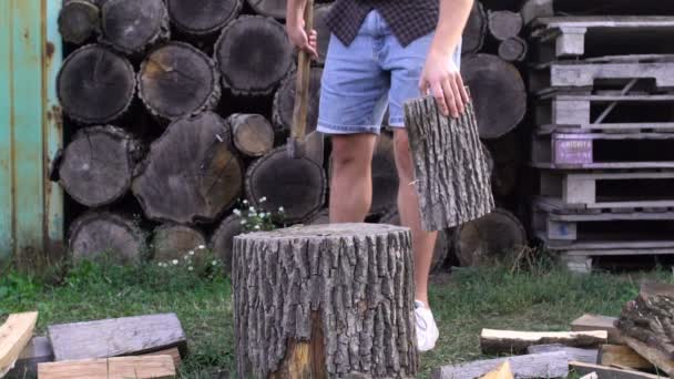 Uomo che taglia legna con ascia, scatto al rallentatore — Video Stock