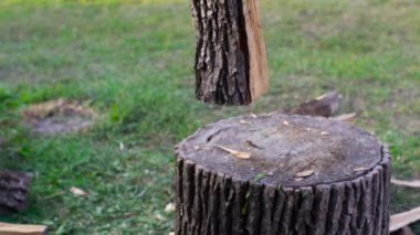 Odun keserken baltayla, ağır çekim ateş adam