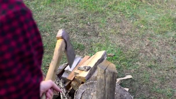 Man hakken van hout met bijl, Slowmotion schieten — Stockvideo