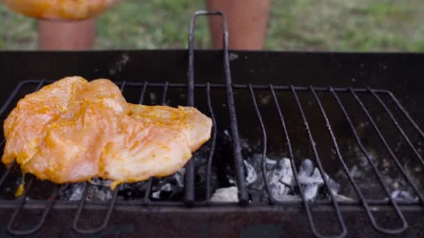 El pollo se fríe en una barbacoa al aire libre, en cámara lenta — Vídeos de Stock