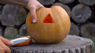 Adam bir kabak Jack-o-fener bahçede bir ağaç kütüğü üzerinden açmaktadır