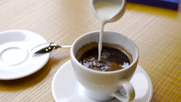 Aufgeschäumte Milch wird in eine Tasse Kaffee gegossen. Cappuccino-Zubereitung — Stockvideo