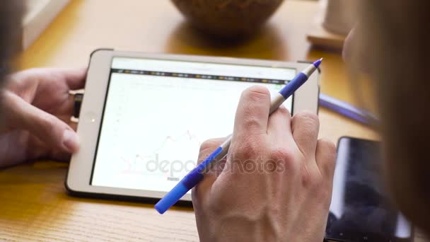 Крупним планом рука пересуває графік на екрані планшета — стокове відео