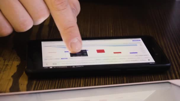 Visão de perto do homem observando o curso bitcoin — Vídeo de Stock