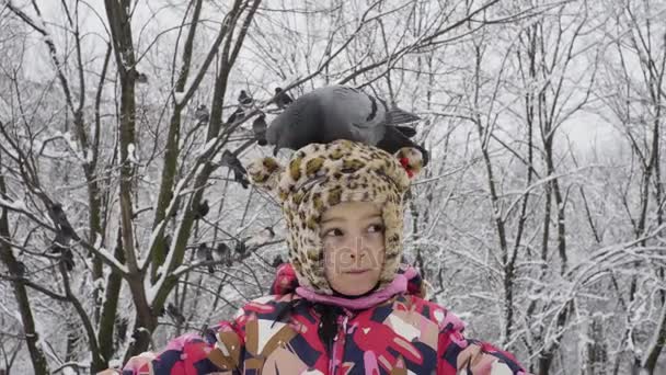 Liten flicka med en duva på hennes huvud i parken — Stockvideo