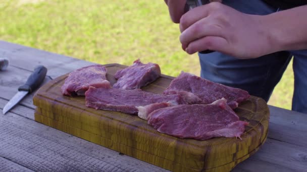 Mens mains sel et poivre la viande. Préparation d'un barbecue . — Video