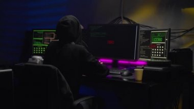 Karanlık odada siber saldırı için bilgisayar virüsü programı kullanan kadın hacker.