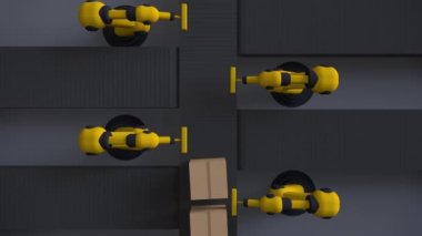 Endüstriyel robotlar karton kutuları taşıma bandında sıralarlar. 3 Boyutlu Canlandırma.