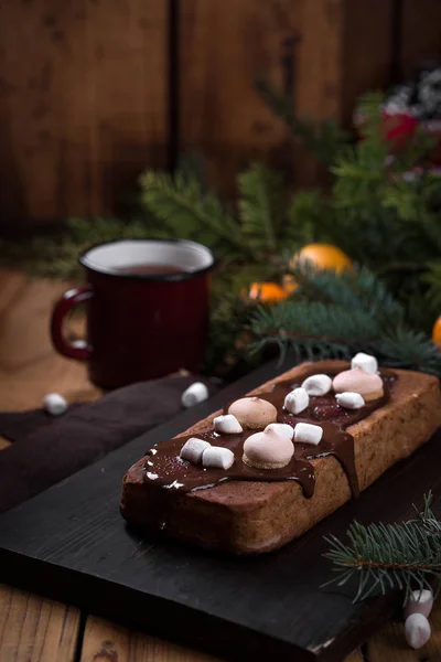 Cake Chocolate Icing Marshmallows Christmas New Year Wood Background — Stock Photo, Image