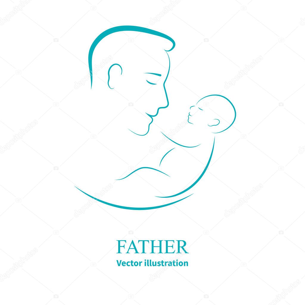 Vector illustration sketch father with a small baby. Logo dad and newborn baby on an isolated white background. Doodle hand-drawn line drawing. Man holding infant. Side view of the profile.