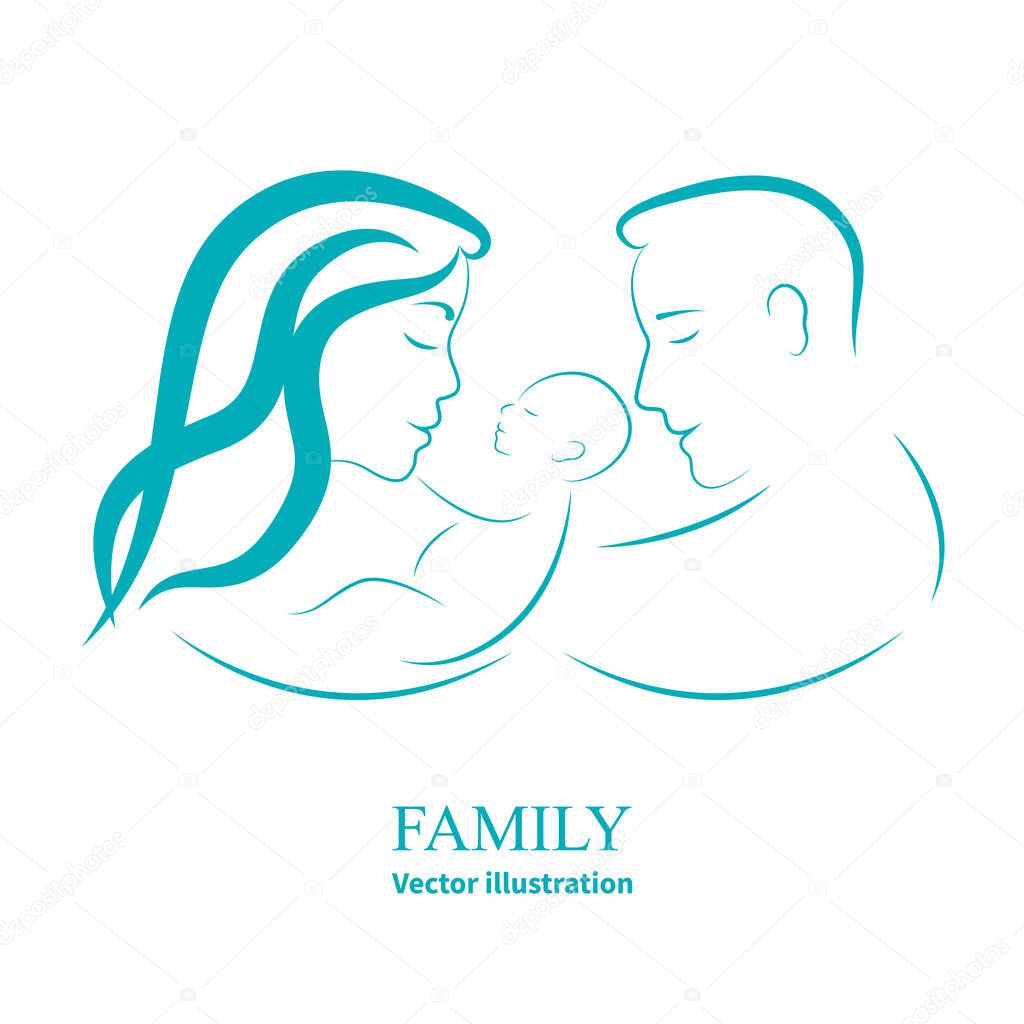 Vector illustration sketch mom and dad holding a small child. Logo happy family isolated on white background. Parents with baby infant. Mother, father and their little kid. Side view of the profile