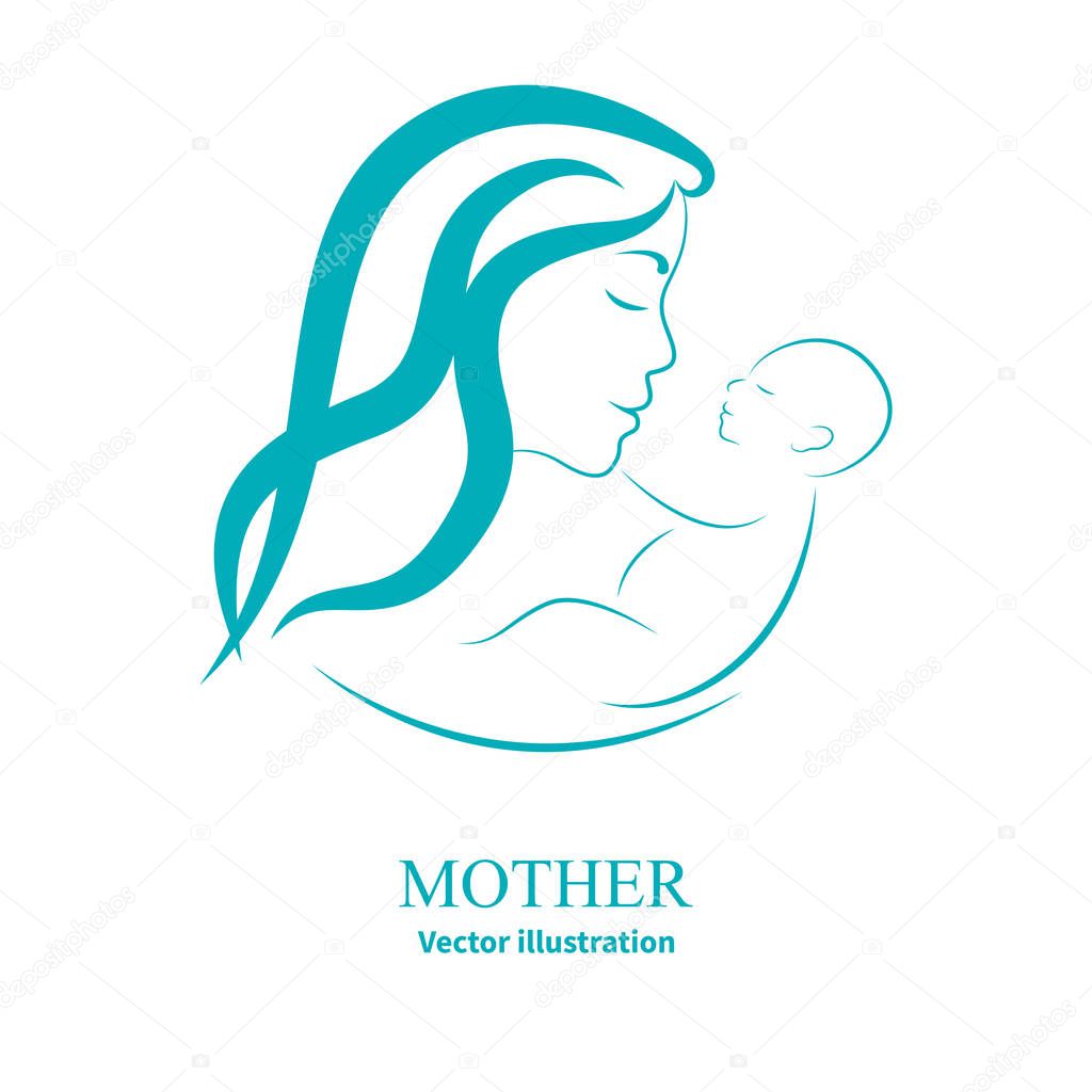 Vector illustration sketch mother with a small baby. Logo mom and newborn baby on an isolated white background. Doodle hand-drawn line drawing. Woman holding infant. Side view of the profile.
