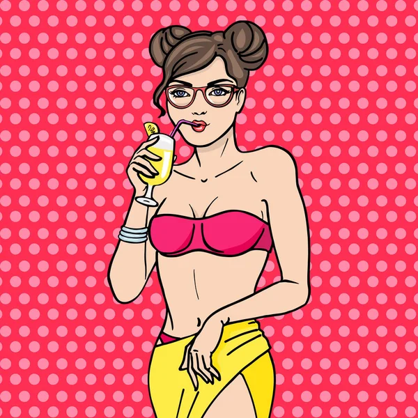 Pop art chica joven en gafas beber cóctel — Archivo Imágenes Vectoriales