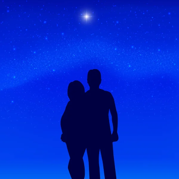 Silueta pareja enamorada fondo de estrellas — Vector de stock