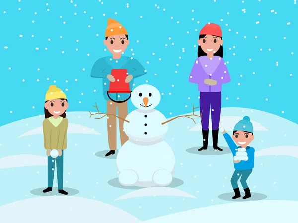 Kreslený šťastná rodina hraje sněhové koule sněhuláka — Stockový vektor