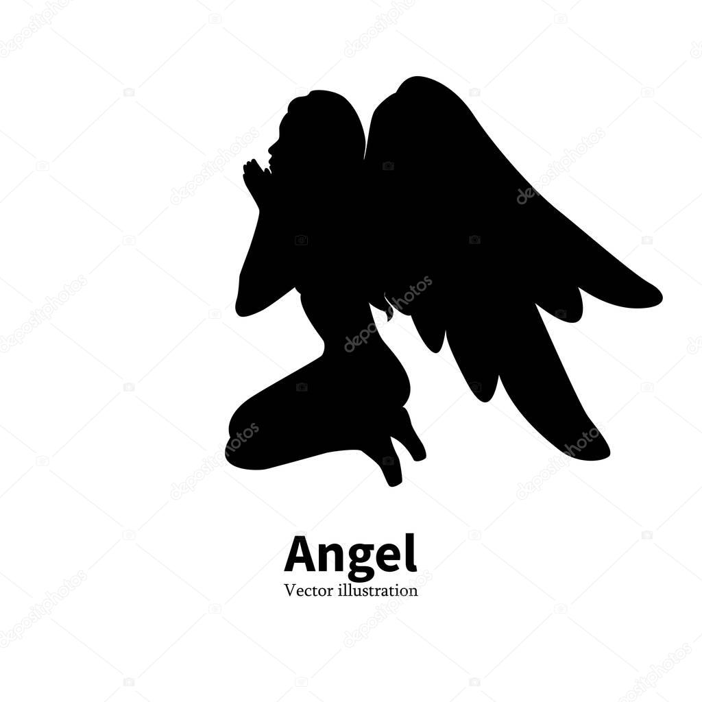 Vector illustration of black silhouette of a young girl with angel wings praying. Religious woman bows to God. Isolated white background. Logo icon angel. Side view profile.