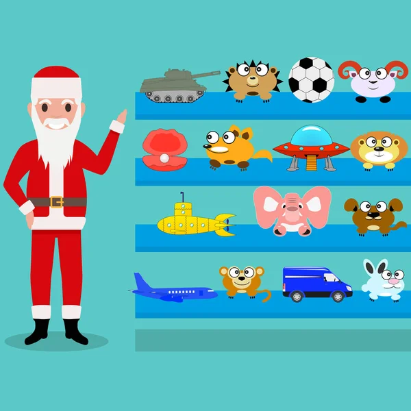 Desenhos animados Papai Noel mostra os brinquedos na prateleira —  Vetores de Stock