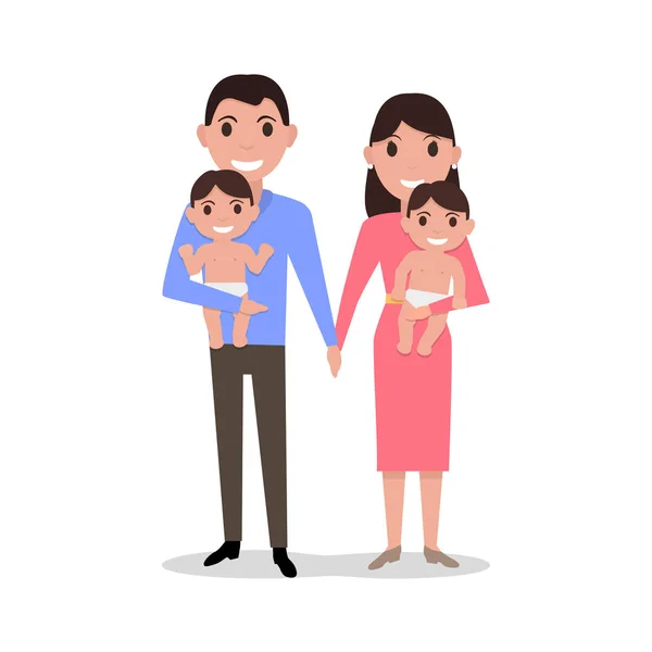 Vector lindo dibujos animados padres jóvenes con gemelos — Vector de stock