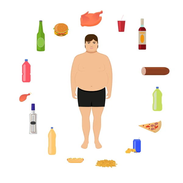 Vector de dibujos animados hombre gordo y alimentos poco saludables — Archivo Imágenes Vectoriales