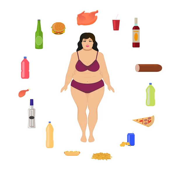 Векторный мультфильм о толстой женщине и нездоровой пище — стоковый вектор