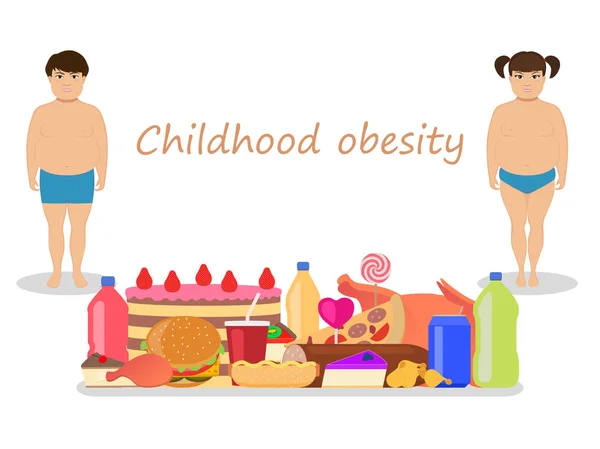 Vector de dibujos animados obesidad infantil. Niños obesos — Archivo Imágenes Vectoriales