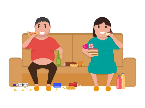 Dibujos animados gordo hombre mujer sentado en sofá comer alimentos — Archivo Imágenes Vectoriales