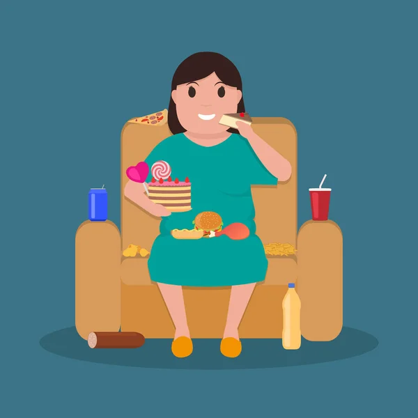 Мультяшна товста жінка, сидячи на дивані, їсть нездорову їжу — стоковий вектор
