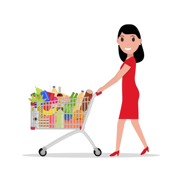 Mujer vectorial con carrito de la compra de comestibles completos — Archivo Imágenes Vectoriales