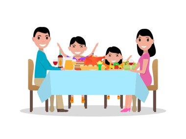 Vektör karikatür mutlu aile şenlikli yemek masası