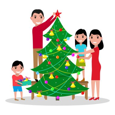 Vektör mutlu aile Noel ağacı süsle