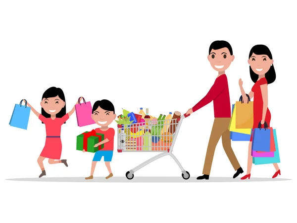 Vektör karikatür mutlu aile alışveriş süpermarket