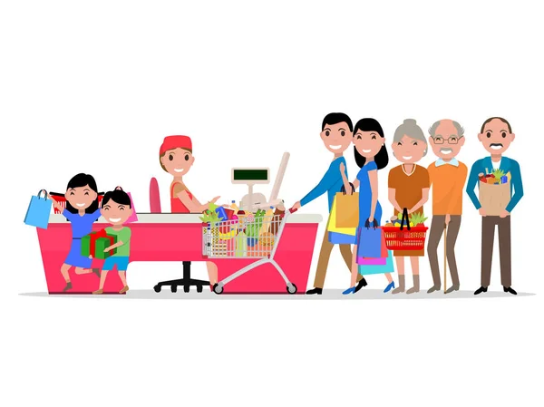 Dessins animés vectoriels personnes faisant du shopping supermarché — Image vectorielle