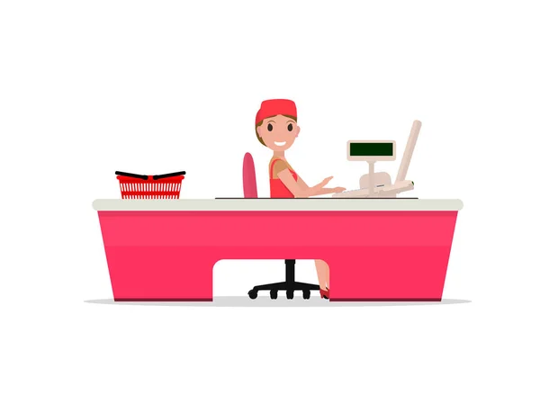 Vector cartoon girl sitting behind cash register — Stock Vector