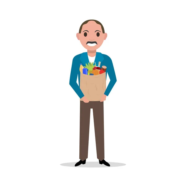 Vector hombre de dibujos animados con mercado bolsa de papel comida completa — Archivo Imágenes Vectoriales