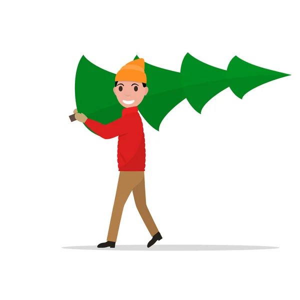 Vector cartoon man carries a Christmas tree — Stock Vector